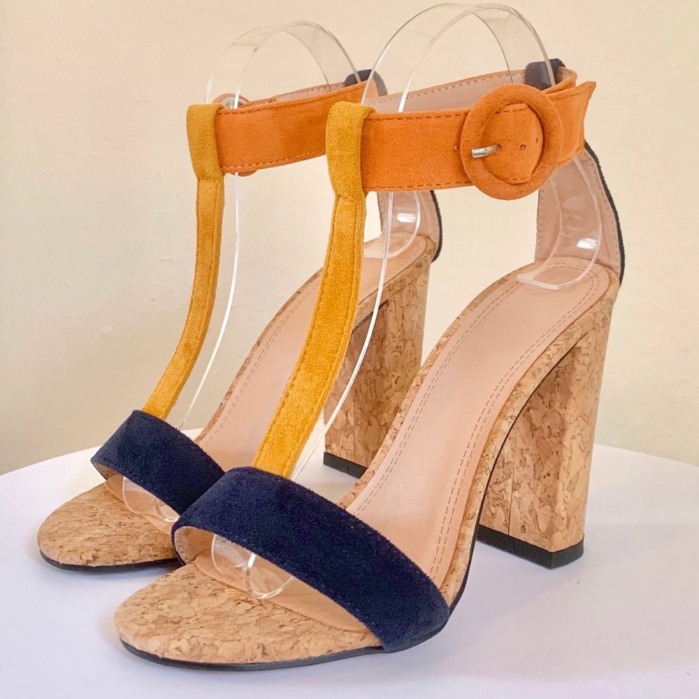 Suede Buckle Strap Open Toe Color Block Heel